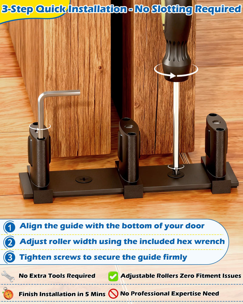 3-Roller Adjustable Sliding Closet Door Floor Guide Upgrade Kit (2 Pack), Black Bottom Mount for Bypass, Double Bypass & Barn Doors 3-Roller Guide - 2 Pack