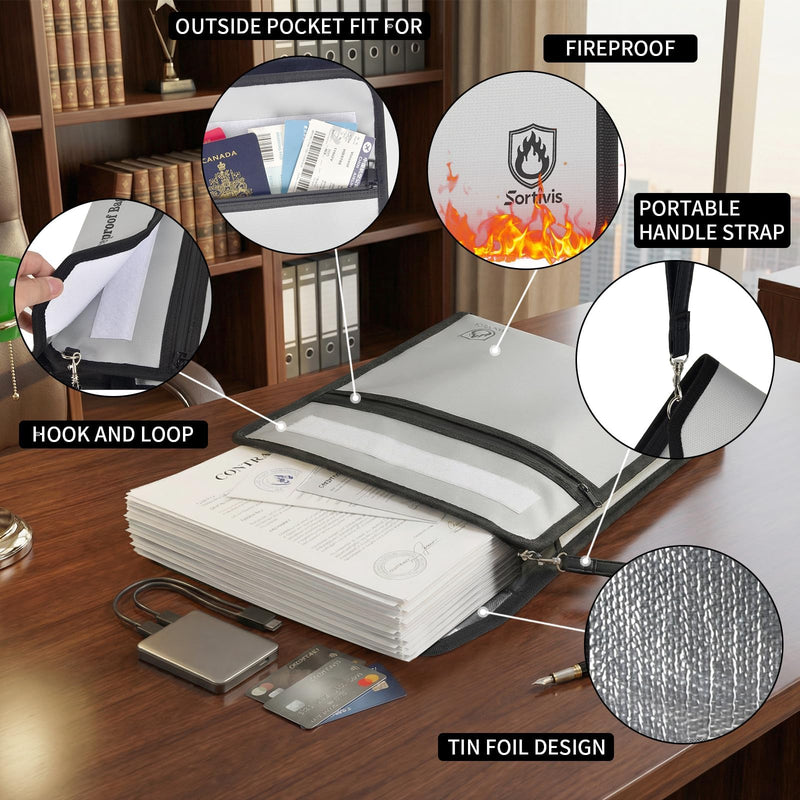 Expandable Fireproof Document Bag with Front Pocket, 6400°F Fire Proof & Waterproof Business File Organizer for Important Documents Safe, Vertical Storage Pouch for Home Office (Case Only) Grey