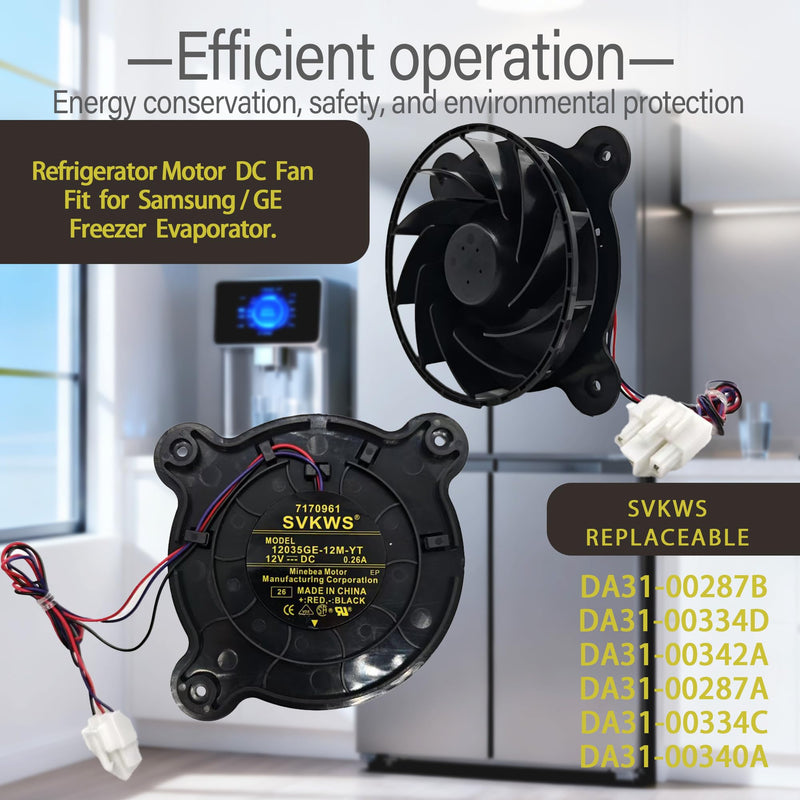 DA31-00334D 12035GE-12M-YT Evaporator Fan Motor for Samsung Refrigerator, DC 12V 0.26A Freezer Fan Replacement, Replaces 7170961 DA31-00340A DA31-00334B DA31-00334C (3pin-Black) 3pin-black