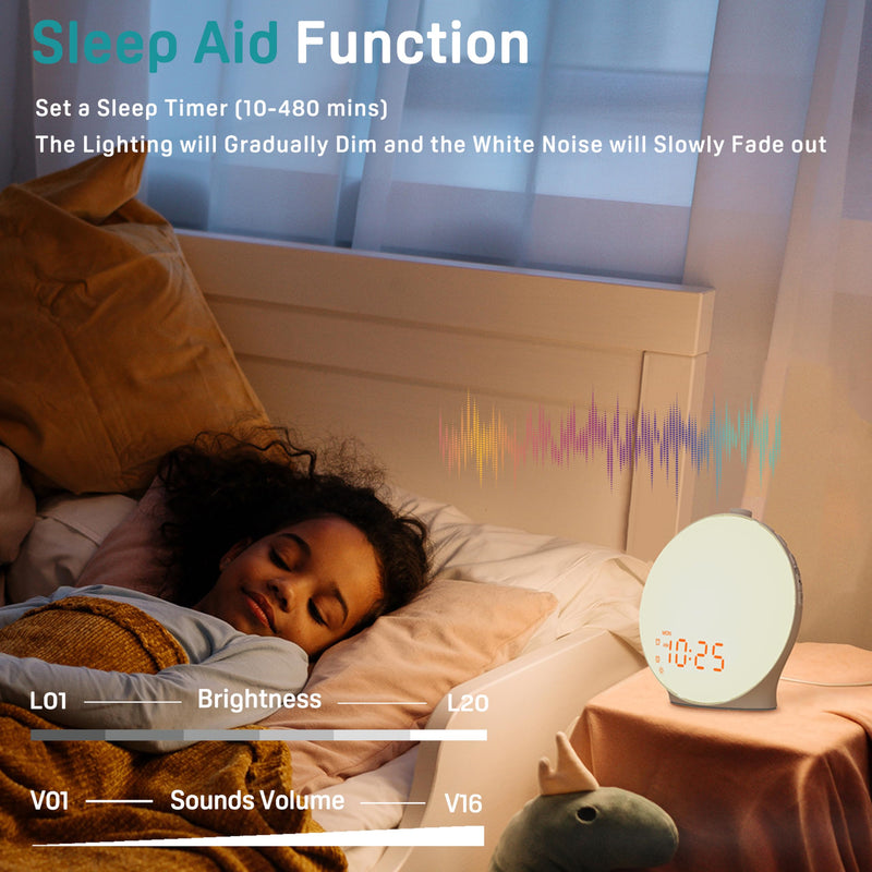 JALL Sunrise Alarm Clock White Noise Sound Machine with 22 Soothing Sounds, 17 NightLights, Bluetooth Speaker, Wake Up Light Alarm Clock for Bedrooms, Heavy Sleepers, Ideal Gift for Baby, Kids Seniors