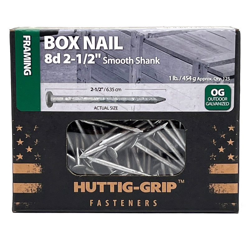 Huttig-Grip 2-1/2 in Framing Box Nails 8d Size, Outdoor Galvanized Finish, 1 lb Pack of 125 Nails 2-1/2 in - 1 lb Pack