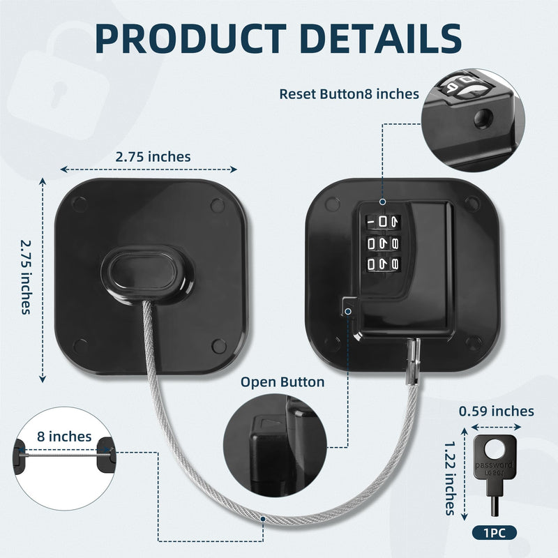 Refrigerator Lock, Heavy Duty Fridge Lock,Child Proof Cabinet Locks,Easy Install,Combination Lock for Drawers, Ovens, Trash Cans(Black- 2Pack)