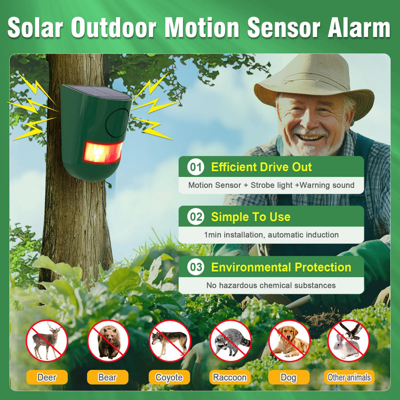 ChunHee Solar Motion Sensor Alarm Outdoor 4 Working Mode Motion Activated Alarm 129dB Loud Sound Noise Maker IP65 Waterproof Motion Detector with Strobe Light for Yard Farm Garden 4PC