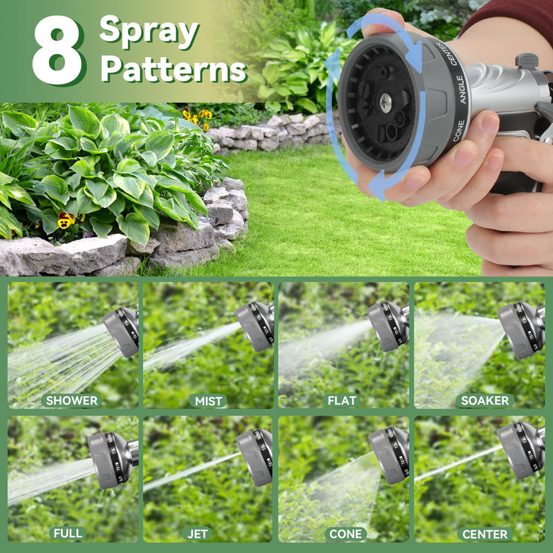 Garden Hose Nozzle, Heavy Duty Metal Water Hose Nozzle with 8 Adjustable Spray Patterns, High Pressure Hand Sprayer with Flow Control for for Garden Watering, Car & Pet Washing Black