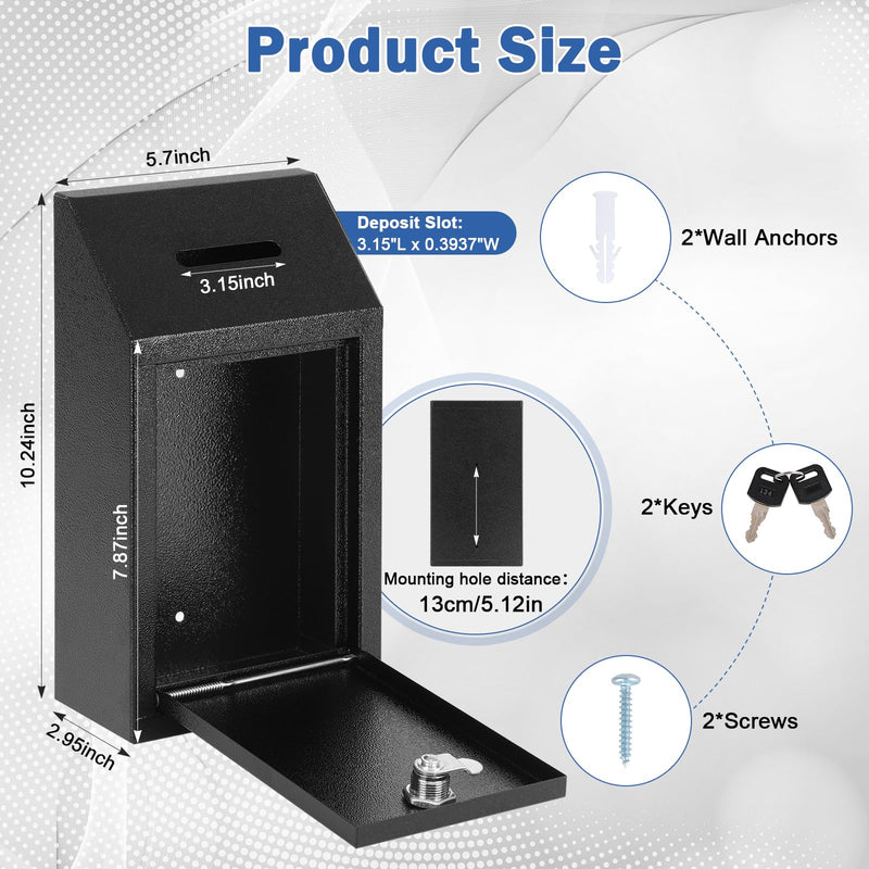 KYODOLED Money Drop Box with Lock & Slot, Metal Cash Collection & Suggestion Box for Farmstand Sales, Office or Home Wall Mount Use, 10.24x5.7x2.95 Inch, Black Textured Black Compact