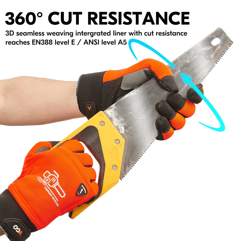 Vgo... Chainsaw Cut Resistant Gloves,Level A5,12-Layer Protection on Both Hands Back,Cow Leather Medium(1 Pair) Orange -Chainsaw Protection &Cut Resistance