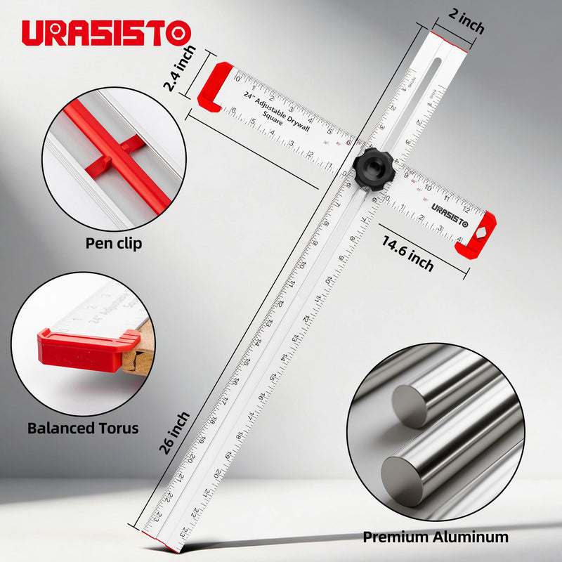 URASISTO 24 Inch T-Square Tool, Aluminum Adjustable Drywall T-Square Ruler, Multi Angle Measuring Ruler for Layout and Marking