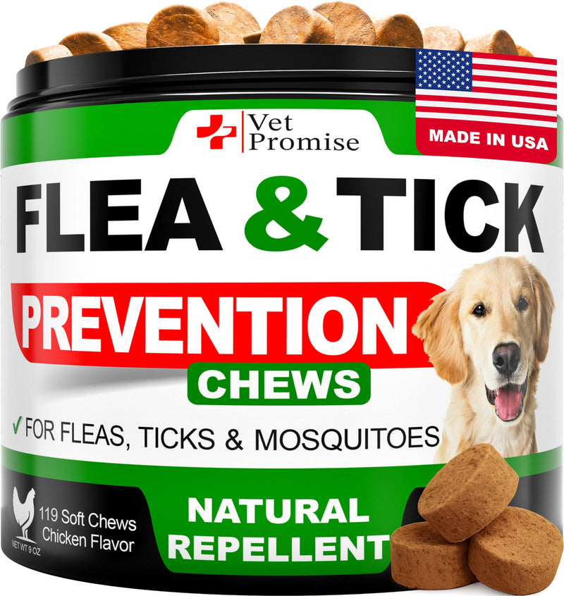 Flea and Tick Prevention for Dogs Chews - Natural Dog Flea and & Tick Control - Advanced Oral Pills Supplement Treatment for All Breeds & Size - Vet Formulated - Soft Chewables - Made in USA Flea and Tick Chews 119 Chews