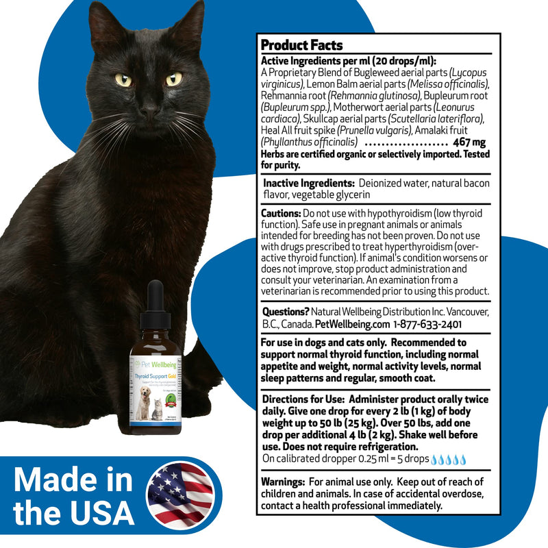 Pet Wellbeing Herbal Thyroid Support for Cats - Hyperthyroidism in Cats + Healthy Thyroid + Normal Appetite & Thirst + Healthy Coat - Liquid Supplement with Lemon Balm, Rehmannia root, Skullcap - 2 oz - PawsPlanet Australia