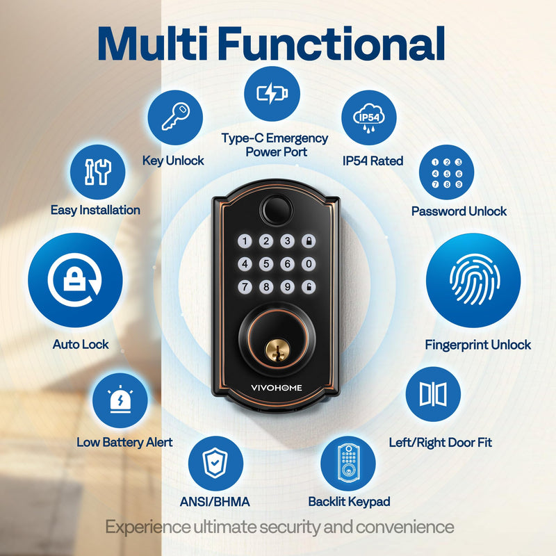 VIVOHOME Keyless Entry Door Lock with Fingerprint, Electronic Keypad Deadbolt for Front Door, Auto Lock, 2 Keys, Easy Installation Basic