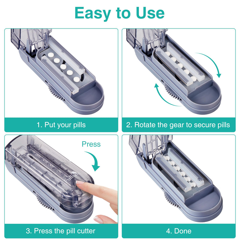 Fullicon Multiple Pill Cutter - Adjustable for Small Pills With Accurate Alignment, Stainless Steel Cutting Blade & Guard, Splitter With Free Brush & Box (Grey) Grey