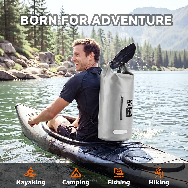 Waterproof Dry Bag Backpack 20L, Roll Top Floating Waterproof Backpack for Kayaking, Rafting, Boating, Lightweight Dry Sack Backpack for Hiking, Camping, Beach & Travel Gray 20.0 liters