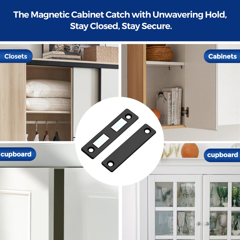 Magnetic Door Catch, 8 Pack Adhesive Cabinet Magnets for Closure, Black | Ultra-Thin Strong Magnetic Door Latch for Closets & Drawers, Stainless Steel Cabinet Latch Easy to Install
