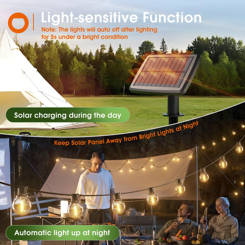 addlon 56FT(50+6) Solar String Lights Outdoor with Remote, 27 Shatterproof G40 Bulbs, Solar Powered & USB Charging Patio Lights, Dimmable Waterproof Solar String Lights for Outside, Camping, Backyard 50FT