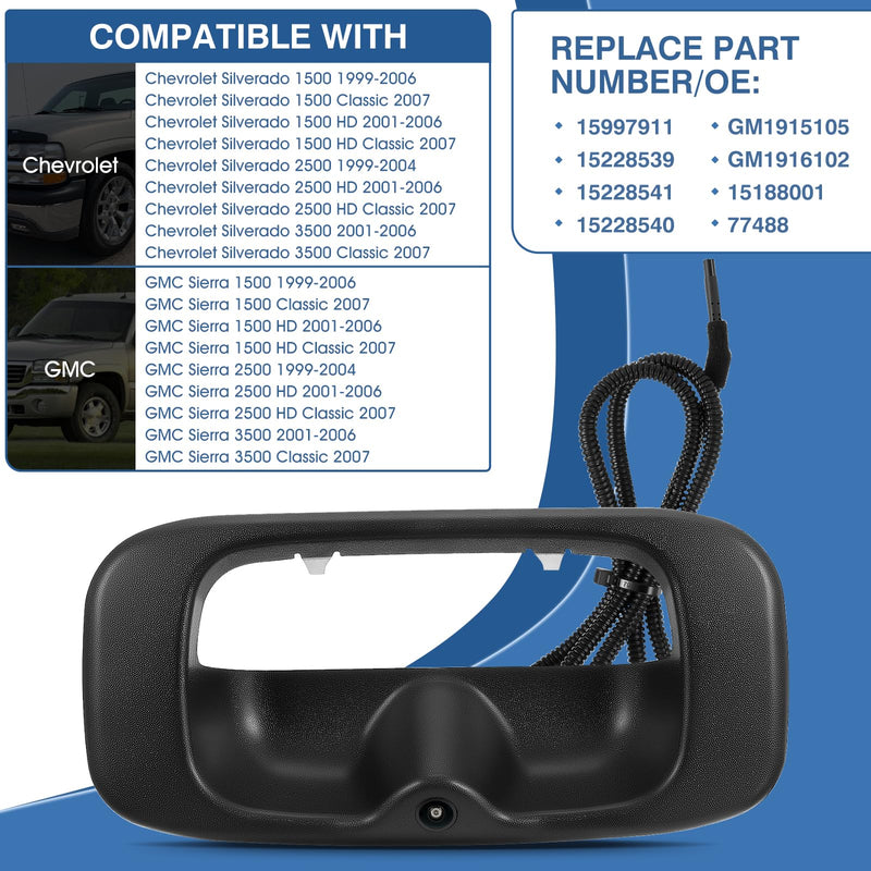 Tailgate Handle Backup Camera Fit for Chevy Silverado GMC Sierra 1500 2500 3500 HD 1999-2007 Classic Tailgate Reversing Rear View Park Assist Camera RCA Plug Replaces 15228539 Fit for Chevy Silverado GMC Sierra 1999-2007