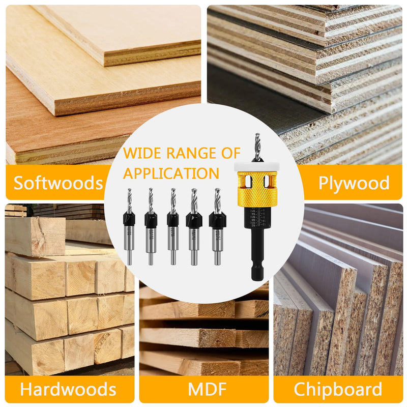 Countersink Drill Bit Set for Wood, 7Pcs Counter Sink Drill Bit Set with Adjustable Depth Stop and 1/4" Quick Change Hex Shank, Replaceable HSS M2 Bits Tapered Head for Woodworking
