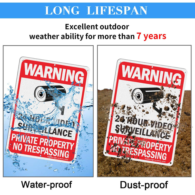 No Trespassing Signs, Private Property Sign, Warning Sign, Video Surveillance Sign, 2 Pack 10 x 7 Inches 0.40 Reflective Aluminum, UV Protected, Weather Resistant, Durable Ink, Easy to Mount Red - 2 Pack