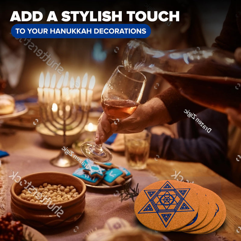 Cork Trivet Set 5 Pieces Used for Jewish Gifts, Hanukkah Decorations, Passover Hostess Gifts, Shabbat. Including Star of David, Dreidel, Hanukkah Menorah, Hamsa, Judaica Gifts Jewish Trivets