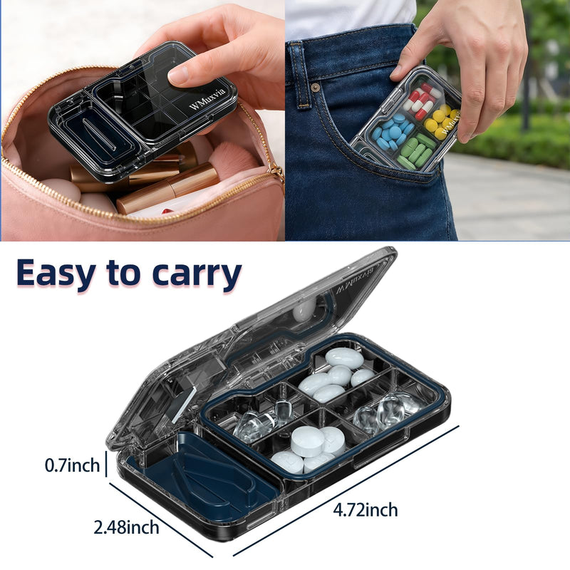 Pill Cutter with 4-Compartment Pill Organizer, 2-in-1 Portable Moisture-Proof BPA-Free Pill Box, V-Slot for All Pills, Thickened Steel Blade & Safety Guard (Gray) Gray