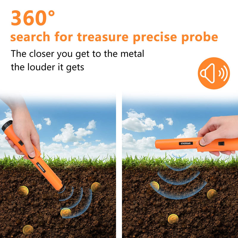 Metal Detector Pinpointing,Waterproof Pinpointer 360 Degree Search Gold&Treasure Finder with Belt Holster &LED Indicator& Buzzer Vibration, for Adults and Kids (Orange) Orange
