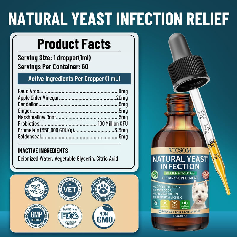 VICSOM Natural Dog Yeast Infection Treatment for Dogs, Itchy Skin & Ear Treatment Natural Support Allergy Relief, Dog Yeast Infection Relief, Support Irritation, Itching & Inflammation 60ml 1 PACK