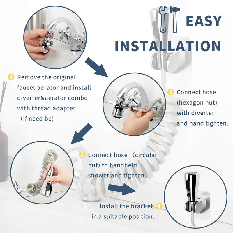 CECEFIN Kitchen Sink Sprayer Hose Attachment for Faucet, Kitchen Faucet Head Replacement w/ 79" Recoil Hose and Holder, Pressurized Water Saving Aerator & Diverter Valve, Faucet Sprayer Attachment Set F- Grey- ON/OFF Pause Sprayer