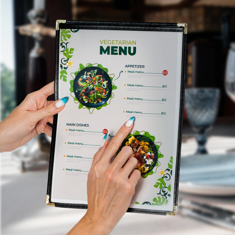 25 Restaurant Menu Covers 8.5'' x 11'', Single Pocket Menu Holder with Golden Corners