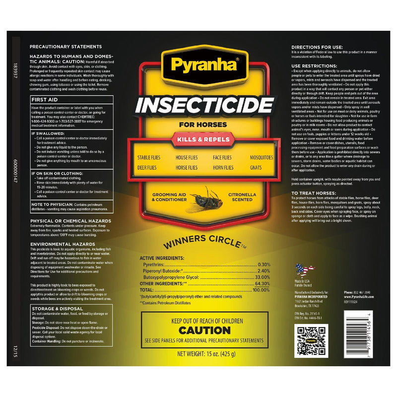 PYRANHA Insecticide Aerosol Fly Spray for Horses – 15 oz Oil-Based Spray with Citronella, Kills & Repels Flies, No-Shake Formula, Adds Show-Ready Shine