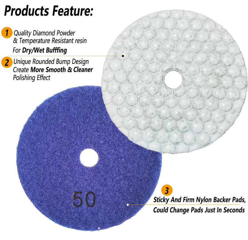 16 Packs Dry Diamond Polishing Pads Grit 50, 4 Inch Dry/Wet Granite Sanding Pad for Bufffing Marble Quartz Concrete Stone Tiles Used for Grinder Polisher Drill