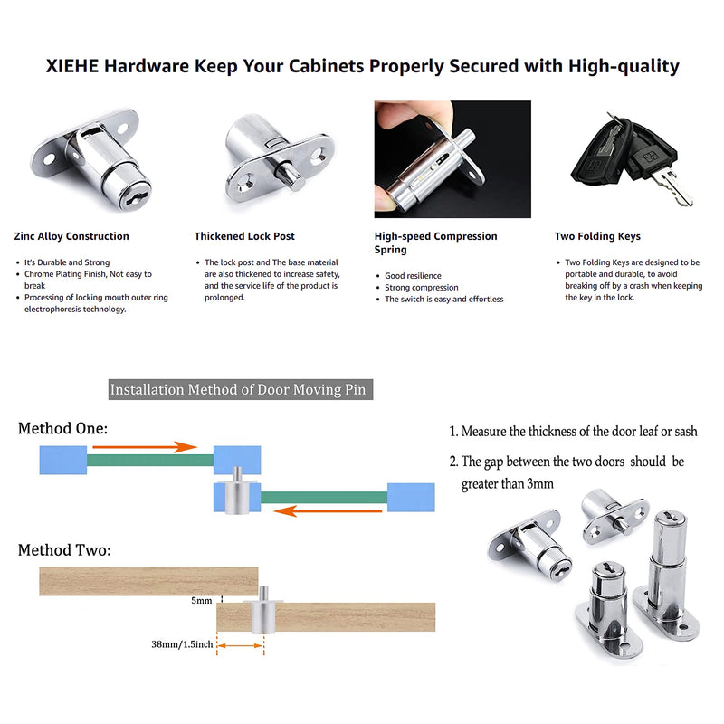 Push Plunger Lock XIEHE 105 Sliding Cabinet Door Lock with 2 Keys (4PACK-D0.7*L1.2inch) Keyed Alike 32mm, Keyed Alike Chrome, 4PACK