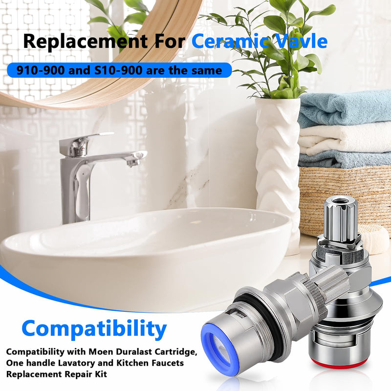 2 Pack Ceramic Disc Cartridge Replacement for 910-9000, Fits 2-Handle Kitchen & Bathroom Faucets Hot & Cold Ceramic Valve, 12-Point Broach