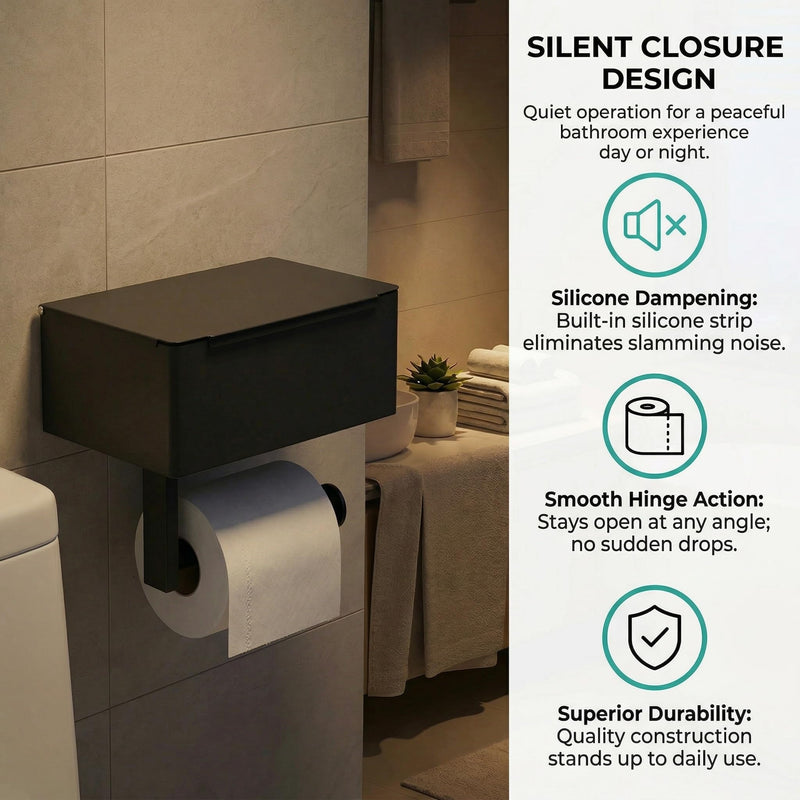 Black Toilet Paper Holder with Storage, Wall Mount Bathroom Tissue & Wipes Holder with Shelf, 2 Installation Methods (No-Drill/Drill), Includes Installation Instructions