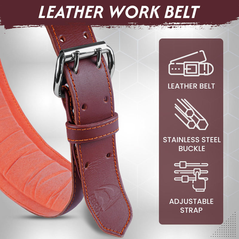 ABRIX Leather Tool Belt for Men – Heavy Duty 28 Pocket Tool Belts with Padded Foam, Adjustable (Fits 30" to 50"), Maroon (Chocolate, Extra Large) (Black, Extra Large) (Maroon)