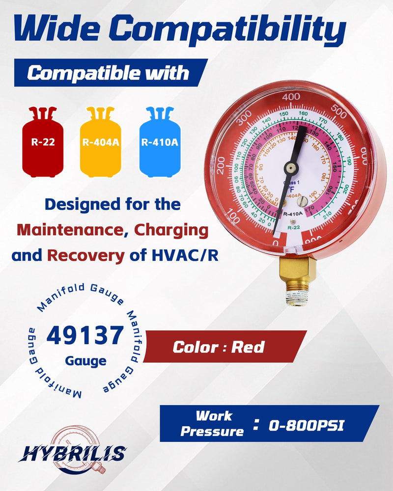49137 Manifold Gauge, 3-1/8"(80 mm) HVAC Gauges, R-22, R-404A, R-410A | Degree F, Red HVAC High Pressure Gauge, Professional HVAC Gauge, Leak-Proof Sealing, Color-Coded Accuracy