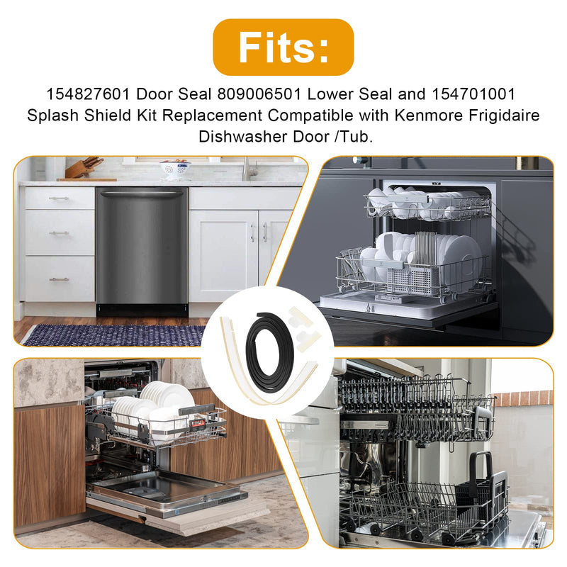 154827601 Dishwasher Bottom Door Seal Combo Kit Compatible With Frigidaire Kenmore Sears and Electrolux Dishwasher Series,Kit Include Door Seal 154827601,Lower Seal 809006501, Splash Shield 154701001