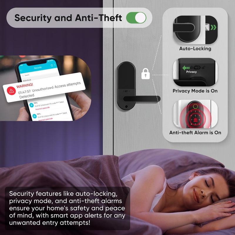 Keyless Entry Fingerprint Digital Smart Lock with Handle & Keypad: Electronic/Electric Lock with Code, App Control Biometric Deadbolt Door Knob for Front, Interior, Exterior & Bedroom Door (Black) Black