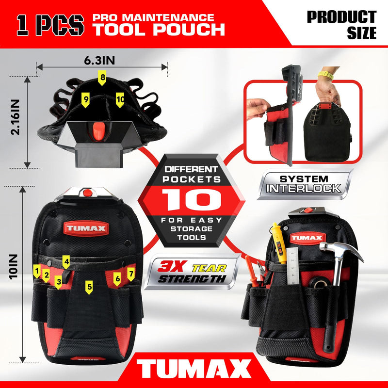 Electrician Tool Pouch, 10 Pockets Tool Belt Pouches with Quick Release Belt Clip, Utility Mini Tool Organizer Pouch for Carpenter, Construction, Technician Tools Pouch