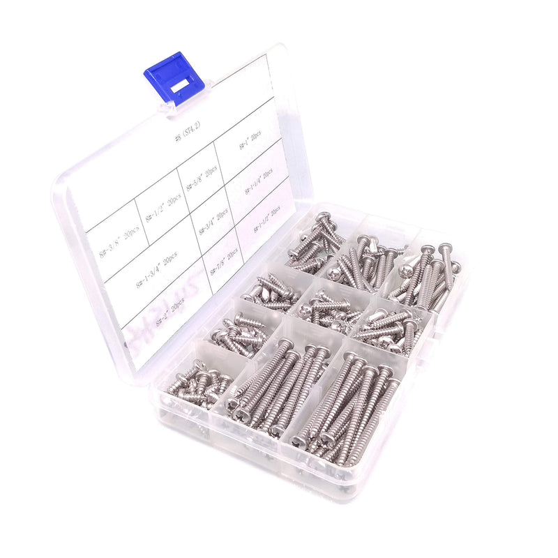Yodaoke 200pcs #8 304 Stainless Steel Phillips Pan Head Wood Screws Assortment Kit