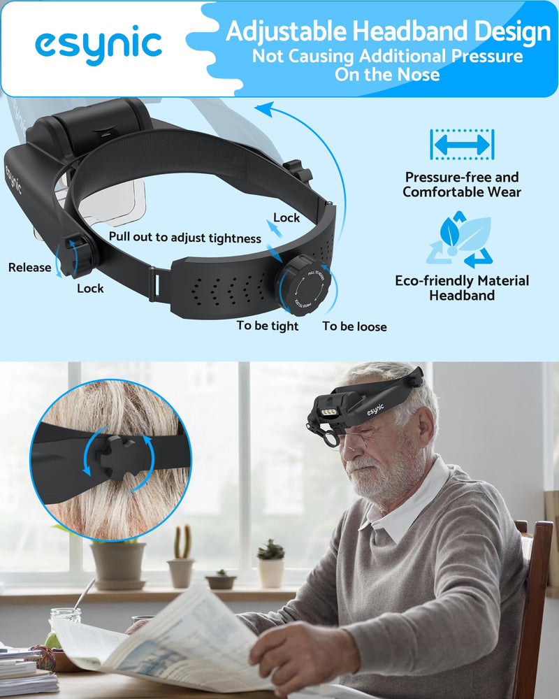 eSynic Type-C Rechargeable Magnifying Glasses Headset-Up to 14X Magnification-5 Interchangeable Lens-3 LED Lights -2 Adjustable Brightness Levels-Comfort & Fit Headband Magnifier for Crafts/Reading