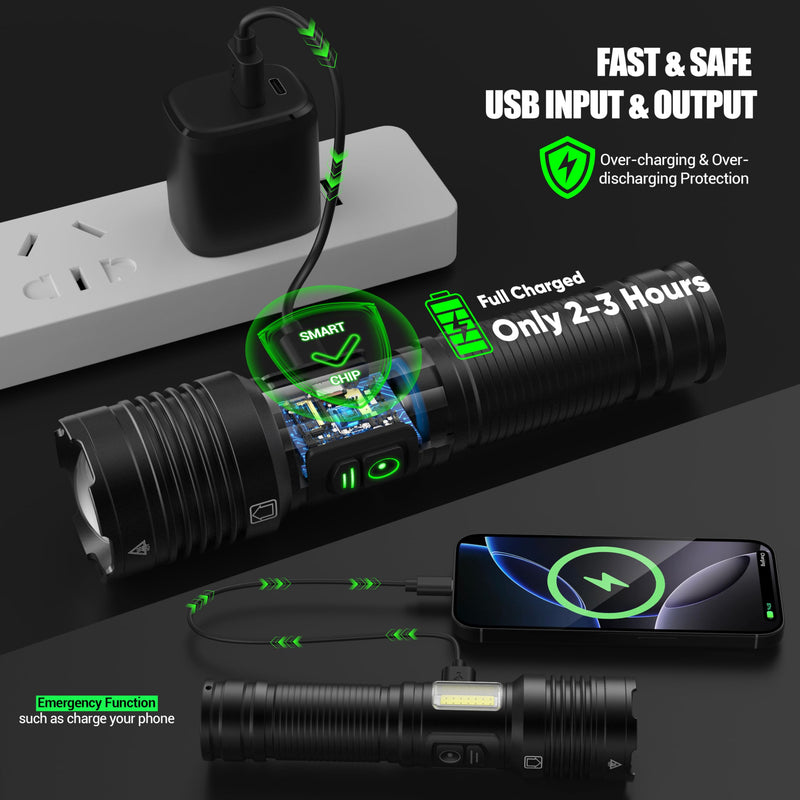 Rechargeable Flashlights High Lumens 100000 with Side Light - 2 Pack, Super Bright 30W LED, Dual Source Light Buttons, Long Lasting 15H, Quick USB C Charge, Handheld 6.81” Length, for Hiking Home Gift