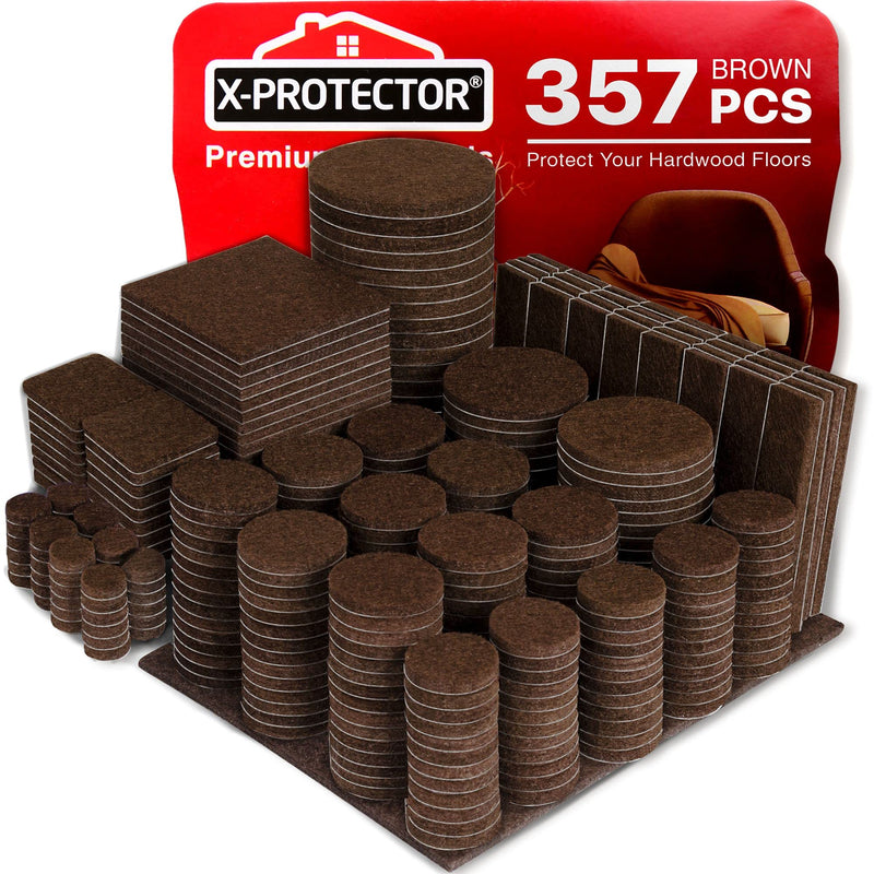 X-PROTECTOR 357 pcs Premium Huge Pack Felt Furniture Pads! Quantity of Furniture Sliders with Many Big Sizes – Your Ideal Floor Protectors. Protect Your Hardwood & Laminate Floor! 357 PCS Brown