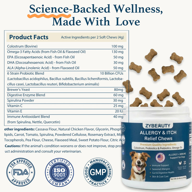 Dog Allergy Chews, Dog Probiotics for Itchy Skin Dog Allergy Relief Bites Skin and Coat Supplement Immune Support with Omega 3 Fish Oil Colostrum for Dog Seasonal Allergies Itchy Skin and Ear 120ct