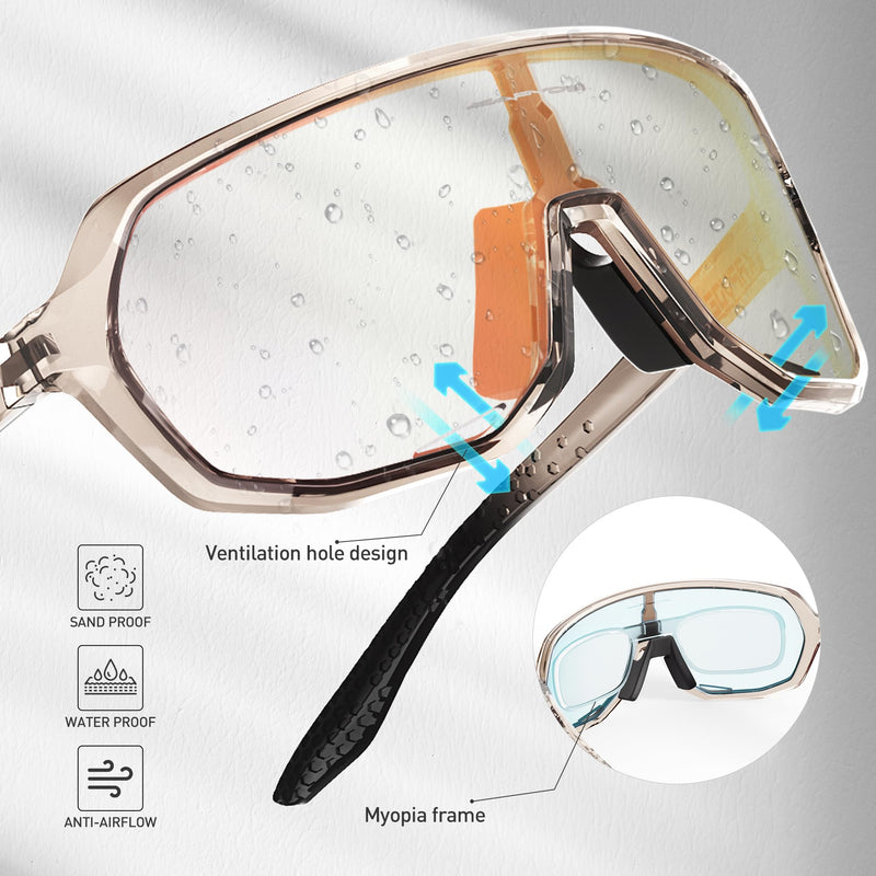 KAPVOE Photochromic Cycling Glasses for Men Women Mountain Bike Sunglasses Sports Goggles UV Protection K63 Red Brown