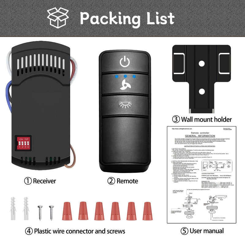 Universal Ceiling Fan Remote Control Kit,Hampton Bay Fan Remote Kit Replacement for Hunter,Harbor Breeze, Home Decorators,3-Speed, Light Dimming,Time Delay, KUJCE10320/TR222A,2AAZPHD3/HD3,98130 Universal Remote Kit