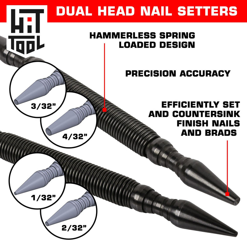 HIT Tool Hammerless Spring Punch Pro Pack: 1)1/32"&1/16",1-3/32" &1/8" Dual head nail setter, 1)Dual head prick & centre 1)HSS prick, 1)Dual Head Door hinge pin remover/hammer & Pouch Pro Spring Punch Kit