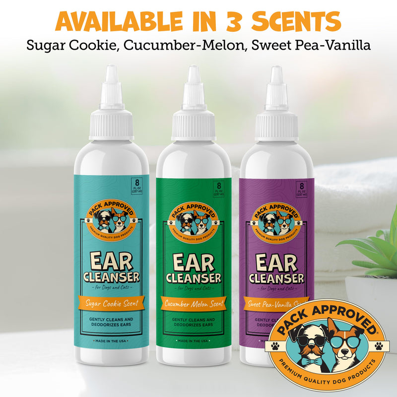 Pack Approved Cat & Dog Ear Cleaning Solution - Helps Remove Wax, Debris, and Dirt - Non-Stinging, Non-Burning Daily Use Formula - Cat & Dog Ear Wash for Itchy Ears - Cucumber Melon Scent (8oz)