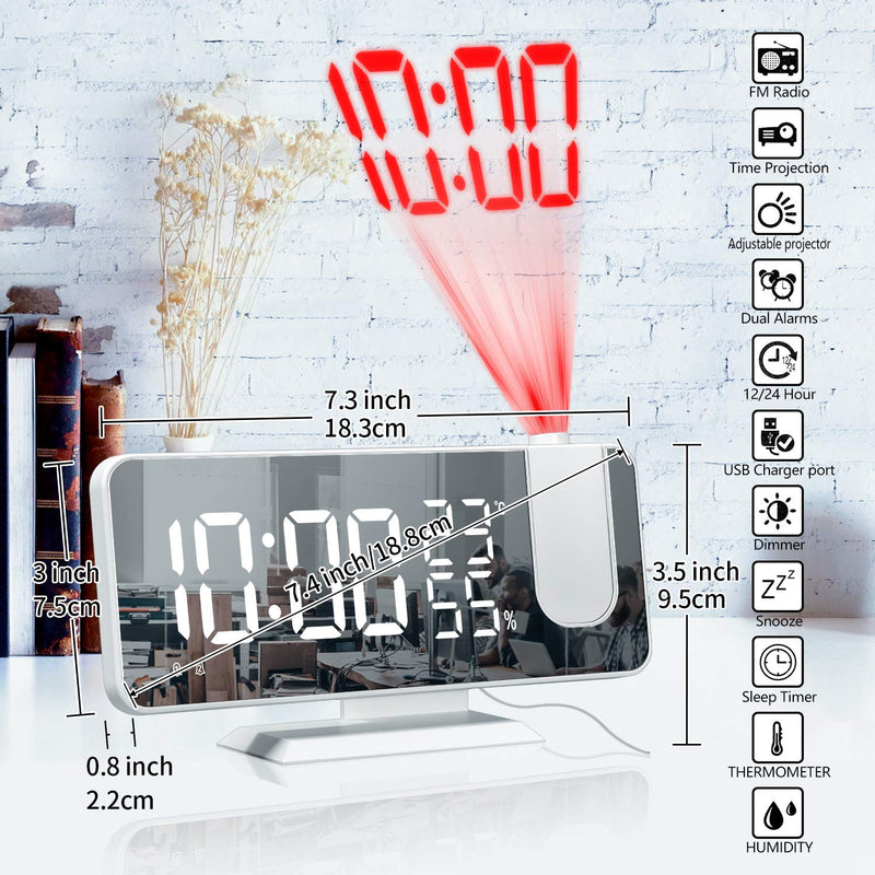 Projection Alarm Clock for Bedroom Ceiling Digital Clock Radio with USB Charger Ports, 7.3" Large LED Screen, 4 Dimmer, Dual Alarm Clock with 2 Sounds, Snooze, White
