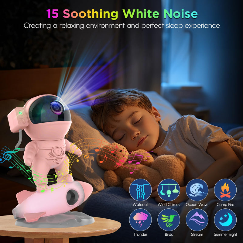 Astronaut Galaxy Projector for Bedroom, Star Projector Galaxy Light with App & Remote Control, White Noises, Bluetooth Speaker, Rocket Night Light for Kids, Ceiling, Gifts, Room Decor Pink