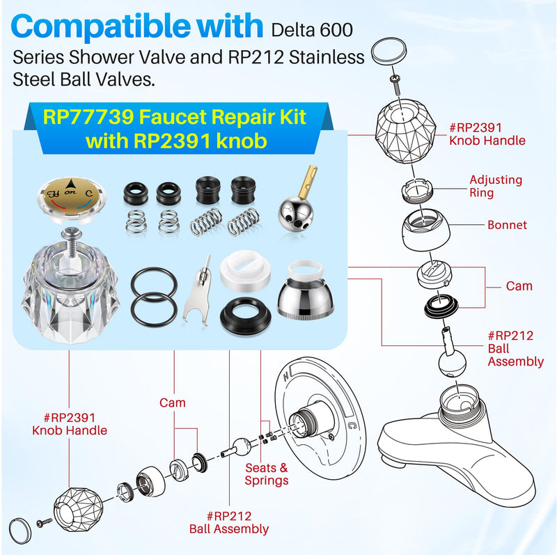 Acrylic Single Handle Trim Set, Complete Faucet Repair Kit Replacement Compatible with Delta 600 Series Shower Valve, Compatible with RP212 Stainless Steel Ball Valves and Clear Knob