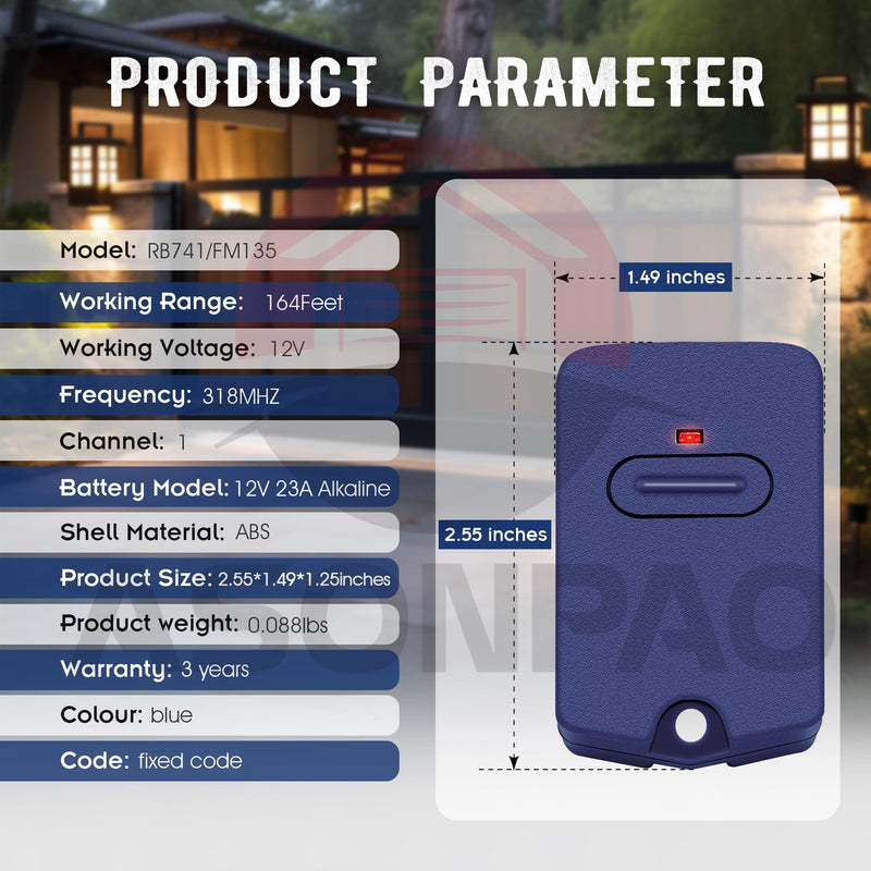 3Pack - Rb741/FM135 GTO Mighty Mule Gate Opener Remote 3-Year-Warranty Blue